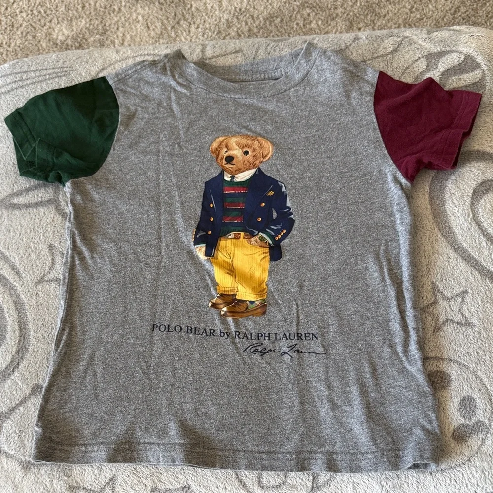 Ralph Lauren Gray Tee with Green & Burgundy Sleeves and Polo Bear Graphic